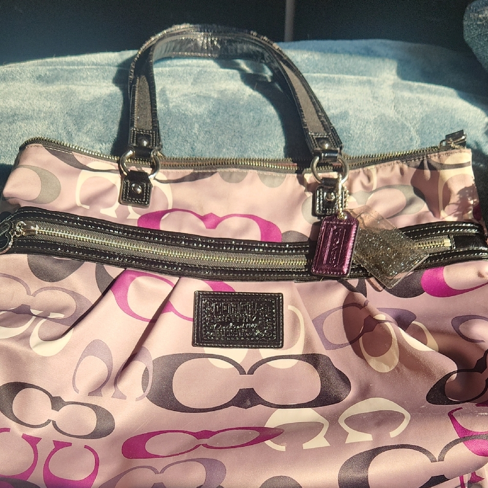 Coach Grey, Pink and Purple Shoulder Bag with Signature Pattern